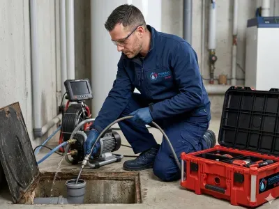 Artisan Chrono Plombier 74-01 réalisant un débouchage de canalisation avec équipement professionnel à Aix-les-Bains.