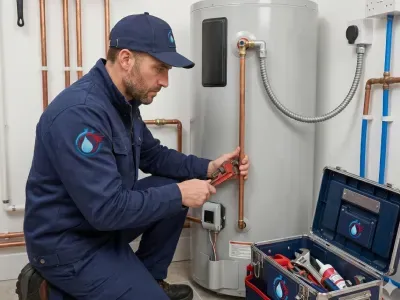 Technicien Chrono Plombier 74-01 effectuant le dépannage et la réparation d'un chauffe-eau électrique défectueux à Epagny.