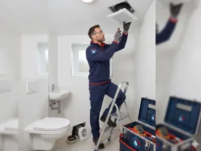 Artisan en tenue Chrono Plombier 74-01 procédant au remplacement d'une VMC de toilette à Annecy-le-Vieux.