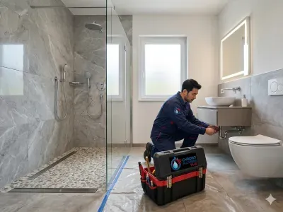 Rénovation complète d'une salle de bain avec création d'une douche à l'italienne par un artisan Chrono Plombier 74-01 à Annecy.
